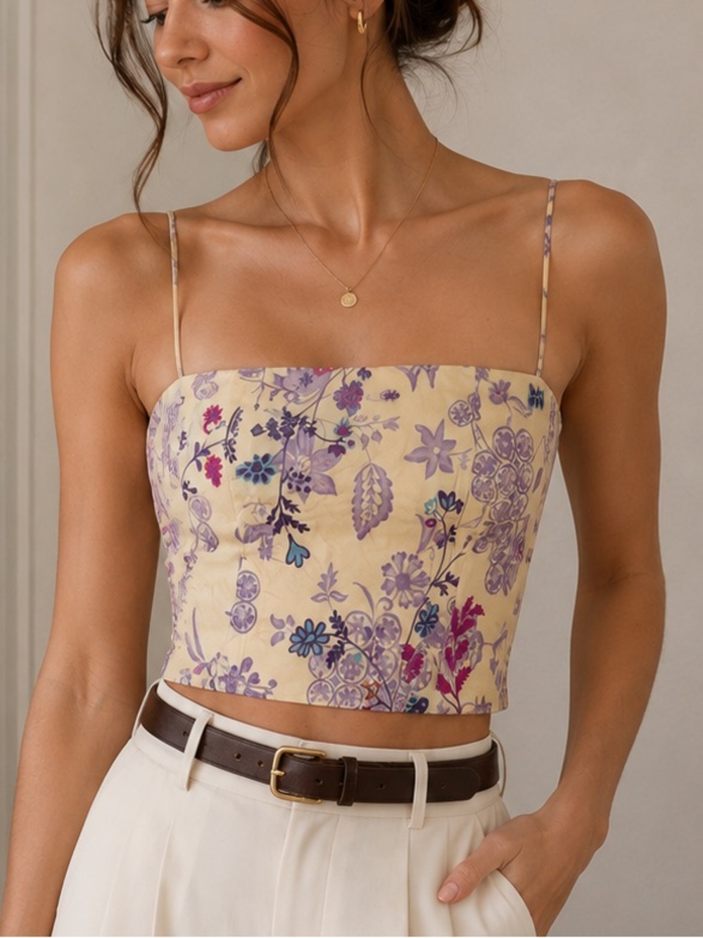 Silk Yellow Floral Spaghetti-Strap Top